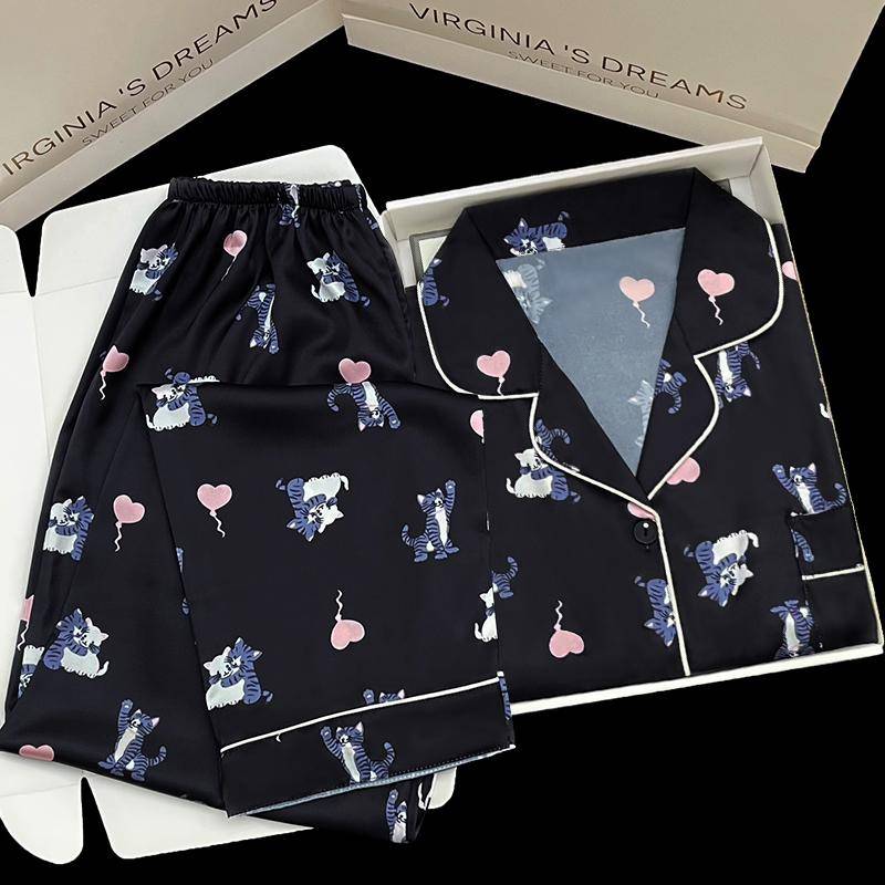 Pyjama für Damen, Satin Langarm-Pyjama, Pyjama-Set, Eis-Seide mit Blumendruck, Kann draußen getragen werden, Hausanzug-Pyjama L von Joom DACH