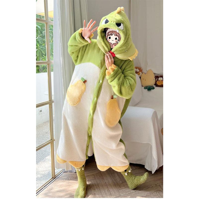 Pyjama mit Cartoon-Tier-Fuchs-Motiv für Damen, Winter, Korallenvlies, verdickter einteiliger Plüsch, süßer langer Bademantel in Übergröße mit Kapuze XL von Joom DACH