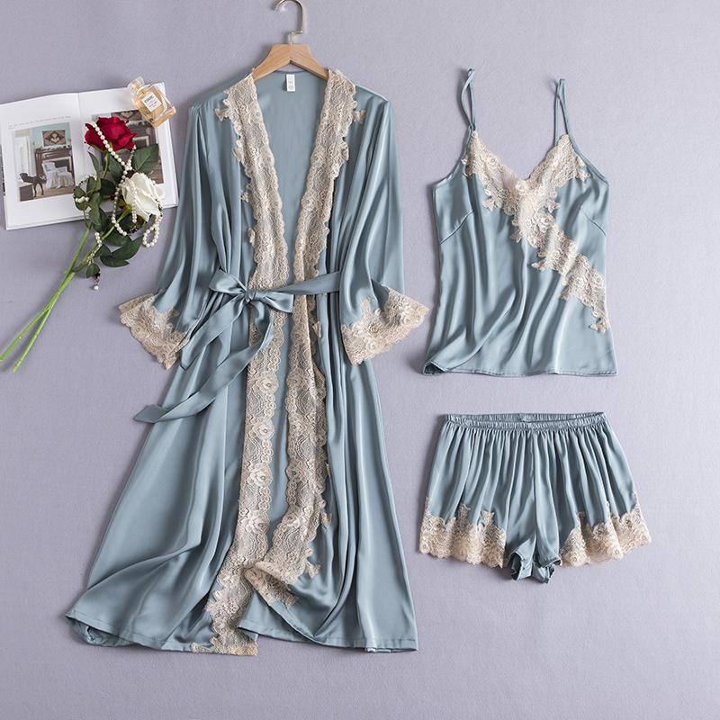 Pyjamas, Kimono-Bademantel-Set mit Shorts, dreiteiliges Spitzen-Schlafset, Damen-Pyjamas, Satin-Sommerpyjamas, Homewear M von Joom DACH