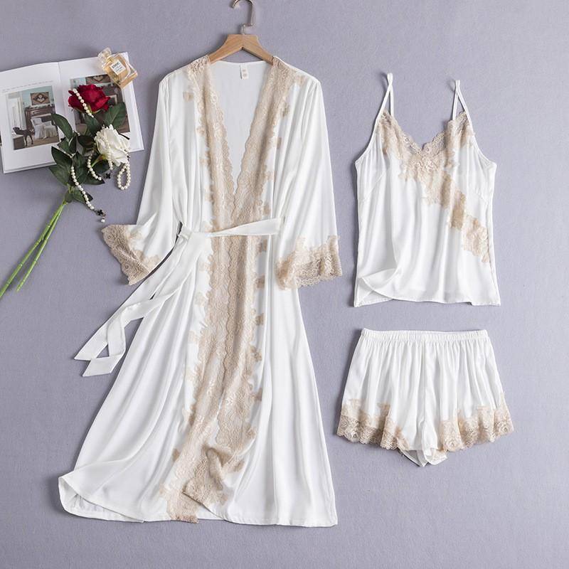 Pyjamas, Kimono-Bademantel-Set mit Shorts, dreiteiliges Spitzen-Schlafset, Damen-Pyjamas, Satin-Sommerpyjamas, Homewear XL von Joom DACH