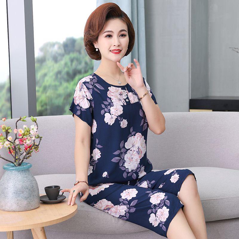 Pyjamas Damen Dünne Heimkleidung Kurzärmlige Künstliche Baumwolle Sommer Reines Zweiteiliges Set Für Mittlere Und Ältere Menschen 4XL von Joom DACH
