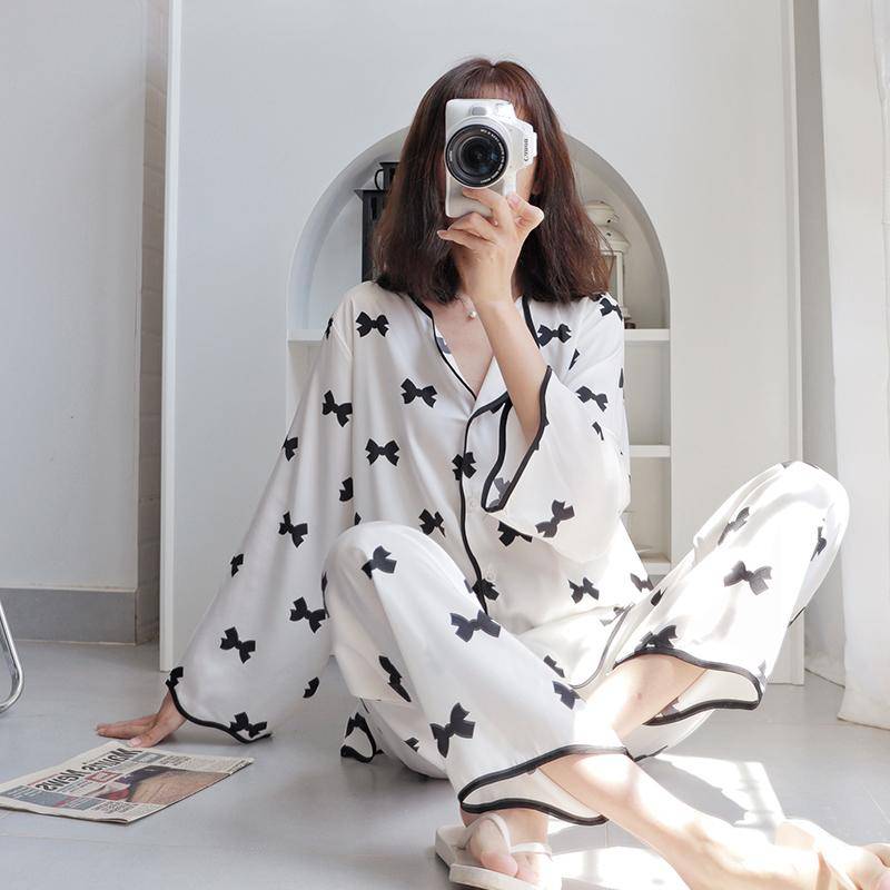 Pyjamas Damen Frühling und Herbst Schleife Langarm Beliebte Internet Beliebte Home Anzug M weiß von Joom DACH