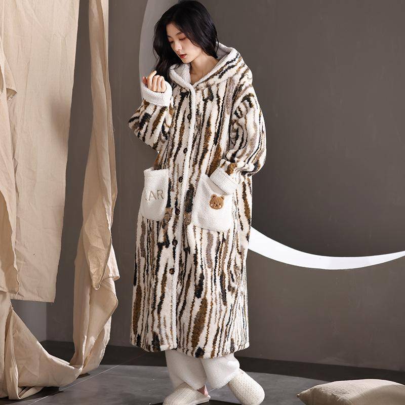 Pyjamas Damen Herbst Winter Korallen Fleece Nachthemd Bademantel Set Flanell Verdickte Nachtwäsche Warme Roben Hosen Home Kleidung 2XL von Joom DACH