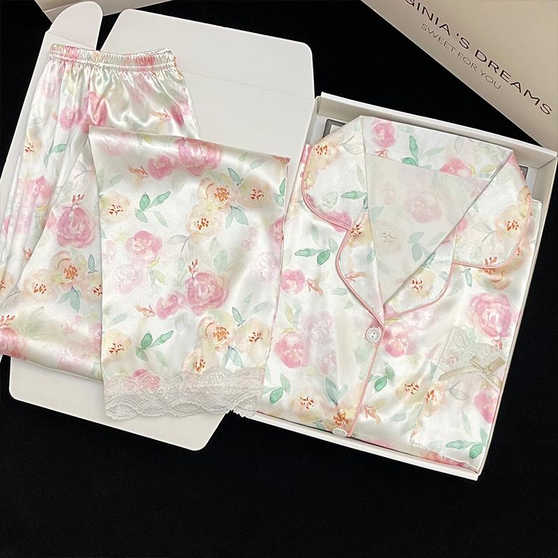 Pyjamas Damen Langarm Pyjama Pyjama Anzug Blumendruck Hochwertige Eisseide Kann Draußen Als Homewear Pyjamas Getragen Werden XXL von Joom DACH