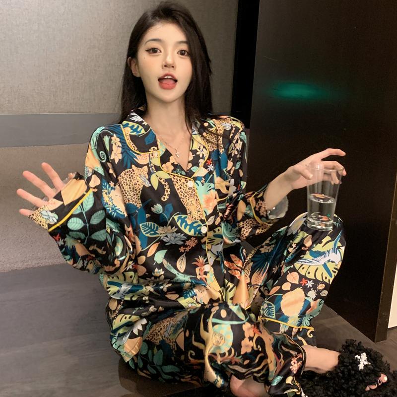 Pyjamas Damen Langarm Pyjama Pyjama Anzug Blumendruck Hochwertige Eisseide Kann Draußen Als Homewear Pyjamas Getragen Werden XXL von Joom DACH