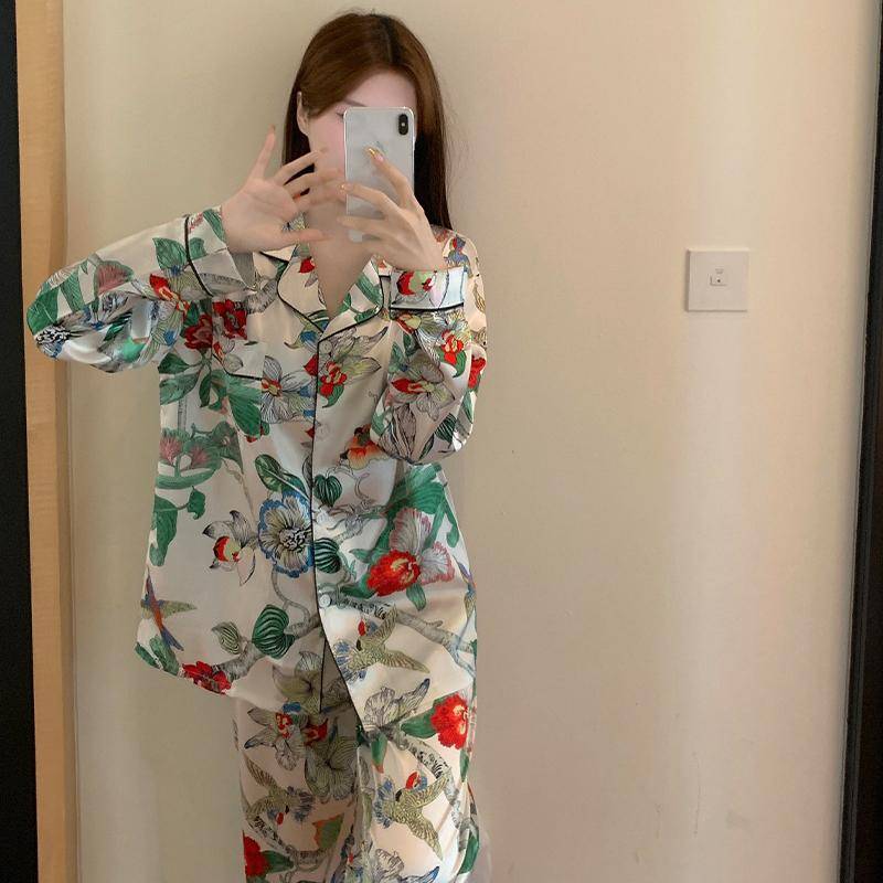 Pyjamas Damen Langarm Pyjama Pyjama Anzug Blumendruck Hochwertige Eisseide Kann Draußen Als Homewear Pyjamas Getragen Werden XXL von Joom DACH