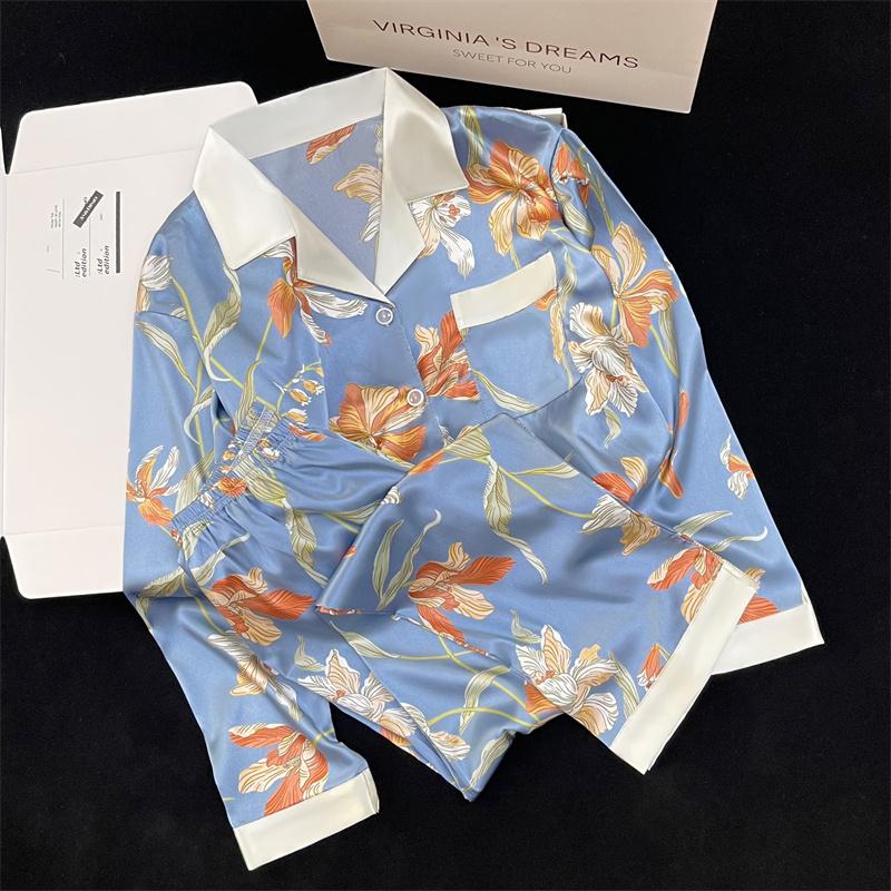 Pyjamas Damen Seiden-Langarmpyjamas Pyjama-Anzug mit Blumendruck Hochwertige Eisseide Kann Draußen Als Pyjama Für Zu Hause Getragen Werden M von Joom DACH