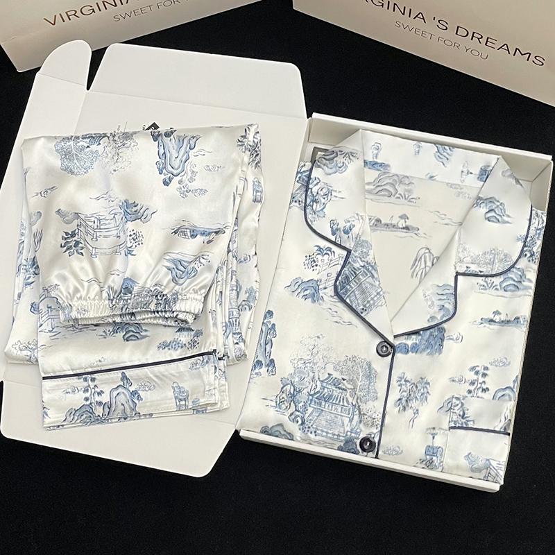 Pyjamas Damen Seiden-Langarmpyjamas Pyjama-Anzug mit Blumendruck Hochwertige Eisseide Kann Draußen Als Pyjama Für Zu Hause Getragen Werden XL von Joom DACH