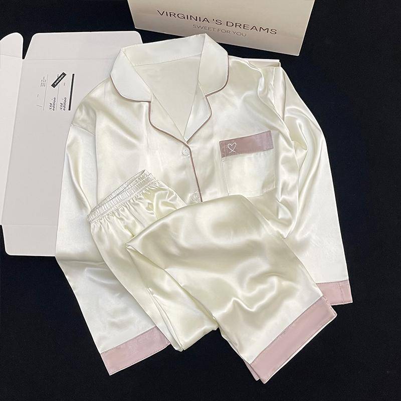 Pyjamas Damen Seiden-Langarmpyjamas Pyjama-Anzug mit Blumendruck Hochwertige Eisseide Kann Draußen Als Pyjama Für Zu Hause Getragen Werden XL von Joom DACH