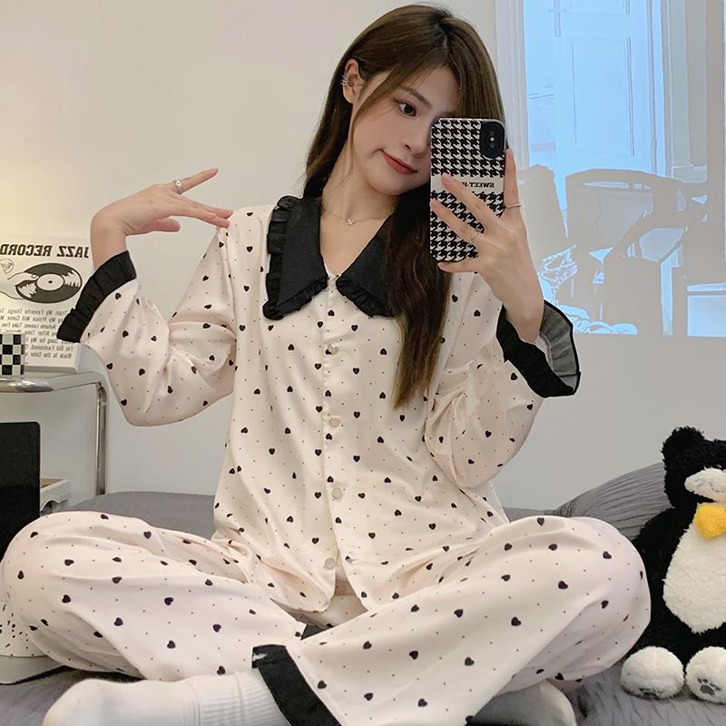 Pyjamas Damen Seiden-Langarmpyjamas Pyjama-Anzug mit Blumendruck Hochwertige Eisseide Kann Draußen Als Pyjama Für Zu Hause Getragen Werden XXL von Joom DACH