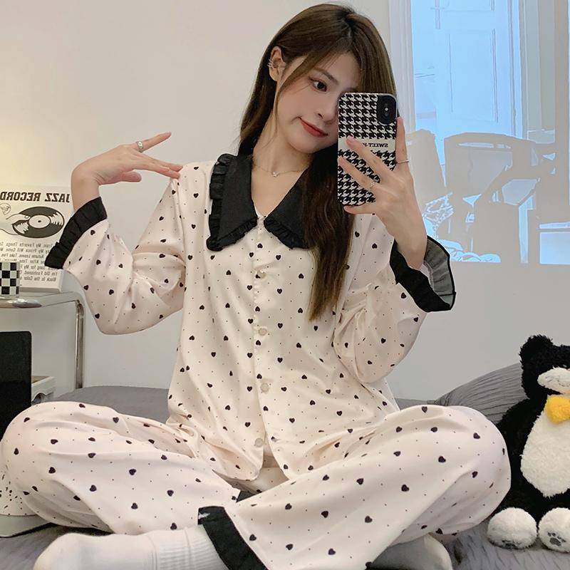 Pyjamas Damen Seiden-Langarmpyjamas Pyjama-Anzug mit Blumendruck Hochwertige Eisseide Kann Draußen Als Pyjama Für Zu Hause Getragen Werden XXL von Joom DACH