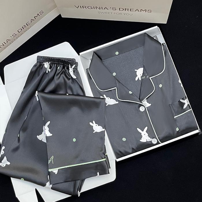 Pyjamas Damen Seiden-Langarmpyjamas Pyjama-Anzug mit Blumendruck Hochwertige Eisseide Kann Draußen Als Pyjama Für Zu Hause Getragen Werden XXL von Joom DACH