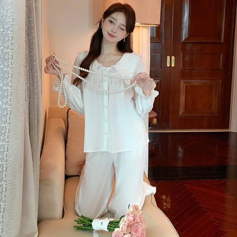 Pyjamas Damen Sommer Einfarbig Langarm Hose Zweiteiliger Anzug Locker Lässig Baumwolle Hauskleidung Frühling und Herbst Neu XL beige von Joom DACH