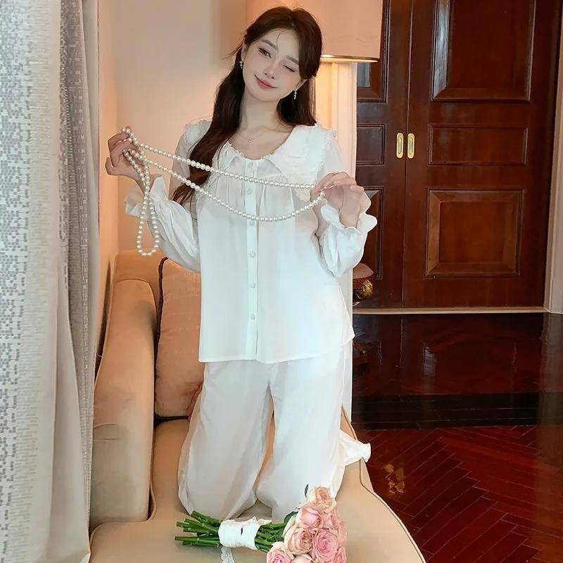 Pyjamas Damen Sommer Einfarbig Langarm Hose Zweiteiliger Anzug Locker Lässig Baumwolle Hauskleidung Frühling und Herbst Neu XL beige von Joom DACH