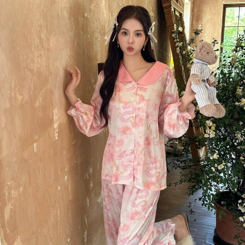 Pyjamas Damen Sommer Neue Eis Seide Langarm Dünne Imitation Seide Süße Hauskleidung Frühling und Herbst Anzug XL rosa von Joom DACH