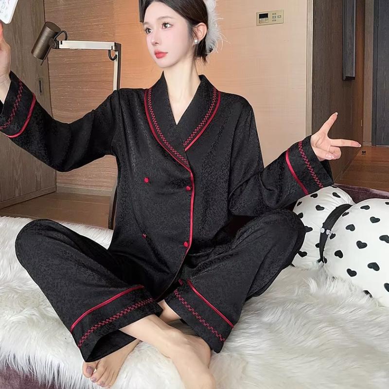 Pyjamas Familienkleidung Herbst Neue Pyjamas Damen Eis Seide J Fruchtkragen Hauskleidung XL schwarz von Joom DACH