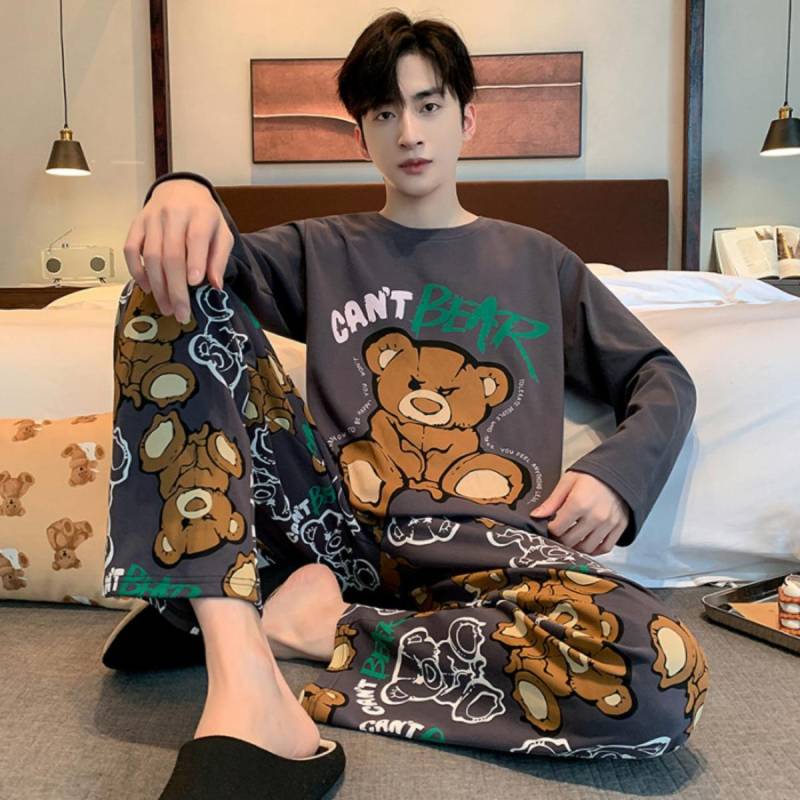 Pyjamas Frühling und Herbst Herren Neu Langarm Ausgehbare Hauskleidung Schlicht und Lässig Großes Set 3XL-4XL von Joom DACH