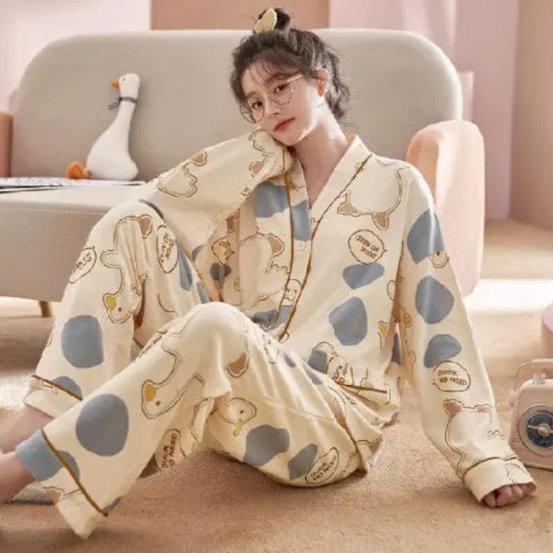 Pyjamas aus reiner Baumwolle für Mädchen im Frühling und Herbst. Neue Pyjamas mit langen Ärmeln für Damen. Süßes, bequemes und weiches Heimkleidungsset. XL von Joom DACH