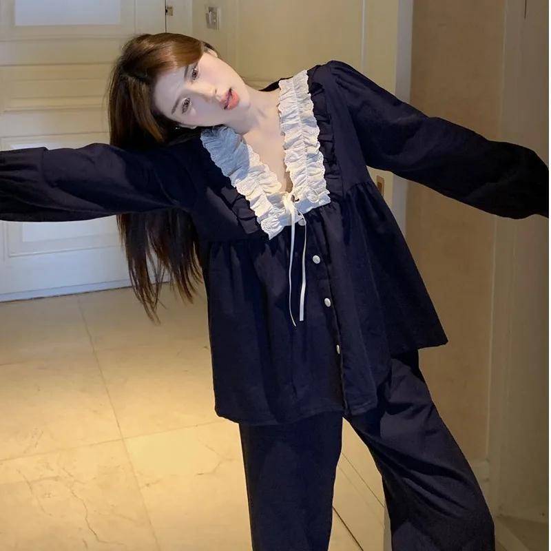 Pyjamas für Damen im Frühling und Herbst, neue koreanische Version, süße V-Ausschnitt-Spitze, langärmelige Heimkleidung aus Baumwolle, zweiteiliges Set M blau von Joom DACH