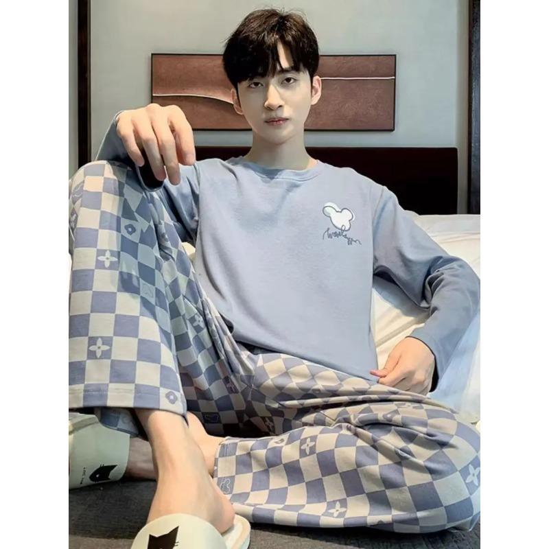 Pyjamas für Herren Frühling und Herbst Kariert Einfarbig Übergröße Jugend Hausanzug Set Langarm Pyjamas Hausanzug XL von Joom DACH