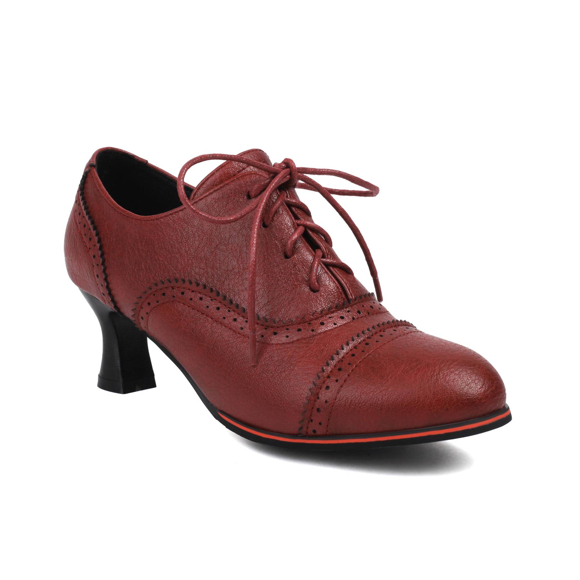 Q/Damen-Einzelschuhe mit hohem Absatz, Retro-Stil im britischen Stil, einfarbig, große Schnür-Low-Top-Schuhe 37 rot von Joom DACH