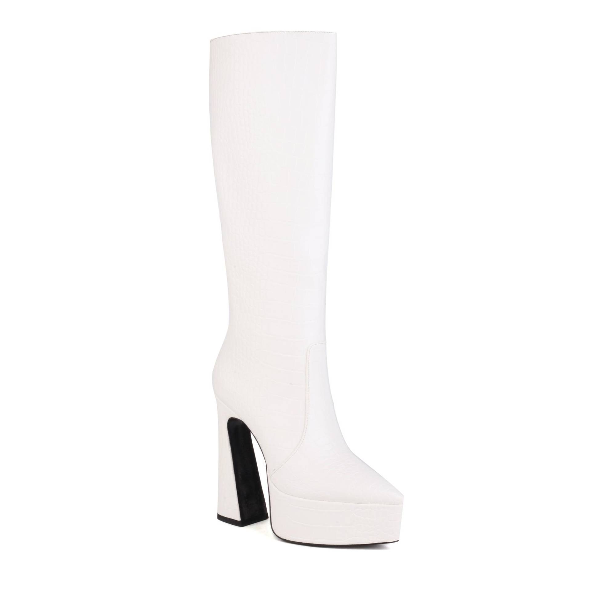 Q/Damen-Stiefel mit hohem Absatz, Herbst und Winter, neues Krokodilleder-Muster, wasserdichte Plattform, dicker Absatz, große einfarbige mittellange Stiefel 45 weiß von Joom DACH