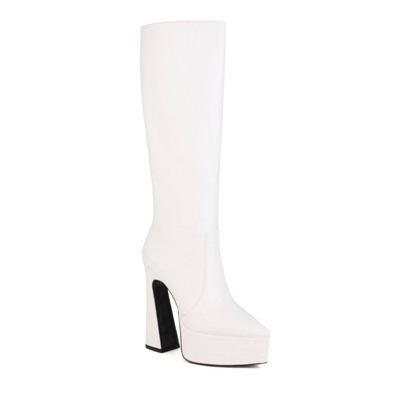 Q/Damen-Stiefel mit hohem Absatz, Herbst und Winter, neues Krokodilleder-Muster, wasserdichte Plattform, dicker Absatz, große einfarbige mittellange Stiefel 45 weiß von Joom DACH