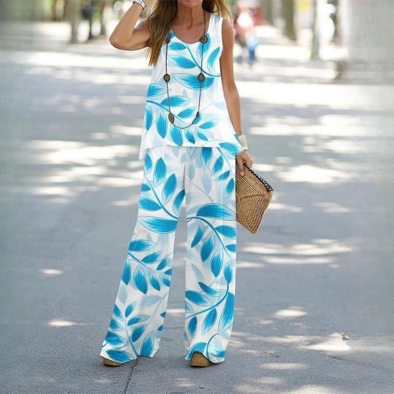 QICED Damen Bedruckter Casual Zweiteiliger Anzug Weste Mit Elastischer Taille Hose Damenanzug XXXL dunkles himmelblau von Joom DACH