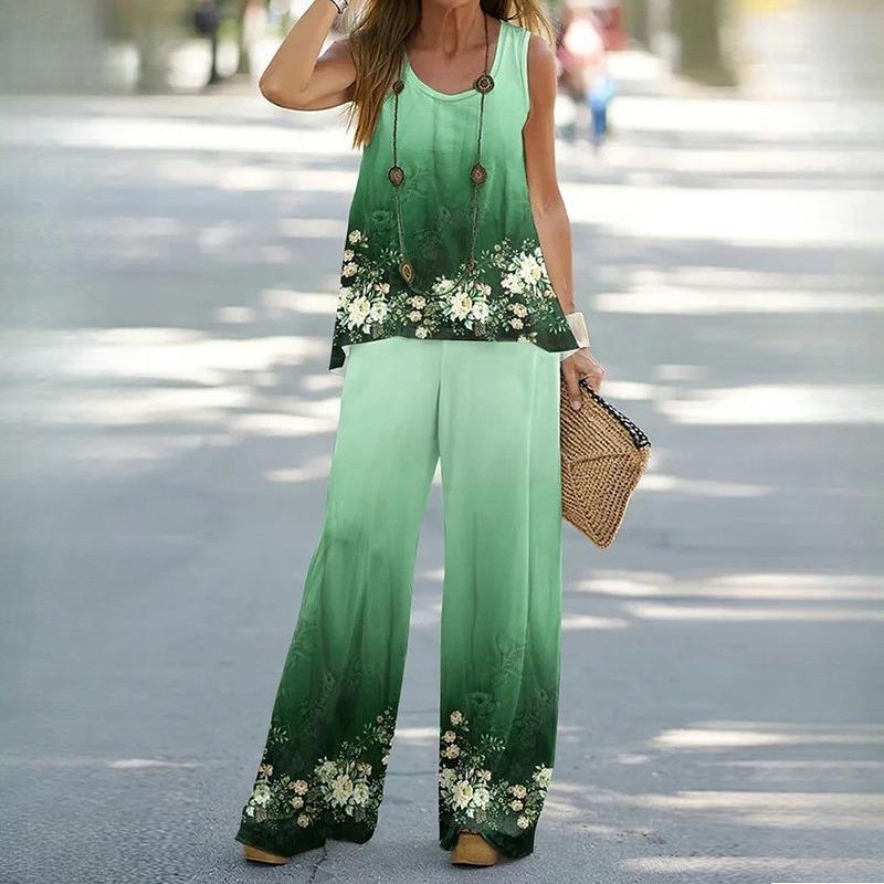 QICED Damen Bedruckter Casual Zweiteiliger Anzug Weste Mit Elastischer Taille Hose Damenanzug XXXL grün von Joom DACH