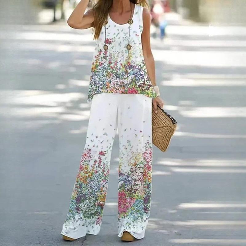 QICED Damen Bedruckter Casual Zweiteiliger Anzug Weste Mit Elastischer Taille Hose Damenanzug XXXL elfenbein von Joom DACH