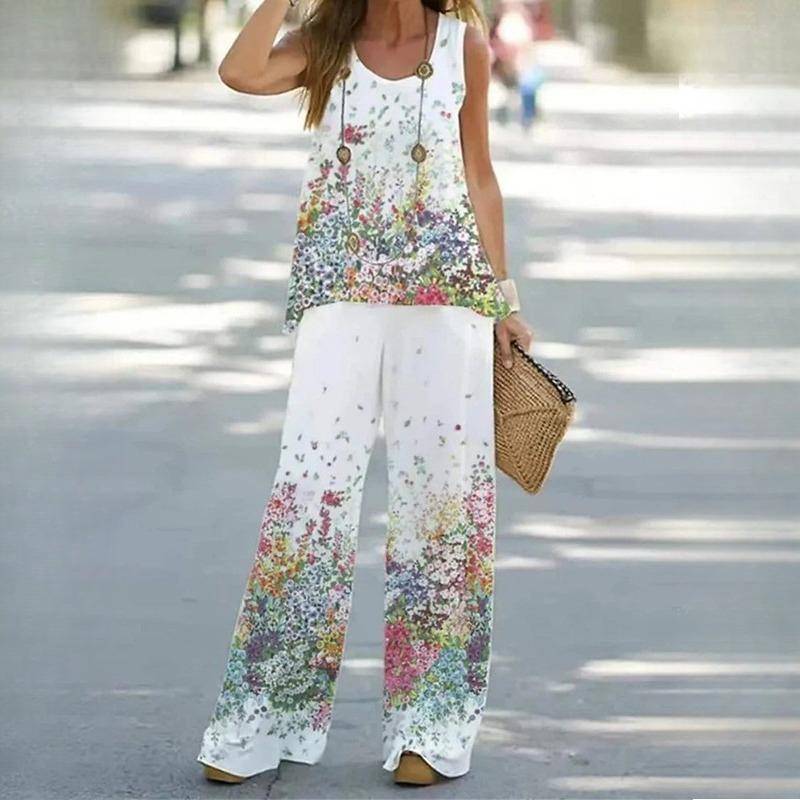 QICED Damen Bedruckter Casual Zweiteiliger Anzug Weste Mit Elastischer Taille Hose Damenanzug XXXL elfenbein von Joom DACH