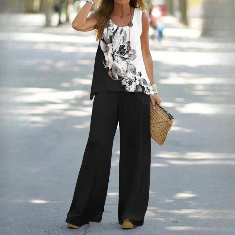 QICED Damen Bedruckter Casual Zweiteiliger Anzug Weste Mit Elastischer Taille Hose Damenanzug XXXL schwarz von Joom DACH