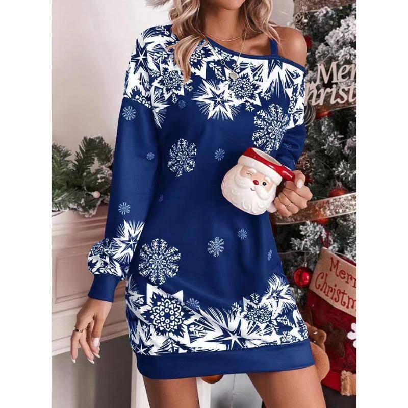 QICED Damen Weihnachten Schneeflocken-Print Langarm Schräge überschnittene Schulter Herbst Winter Kleider L blau von Joom DACH
