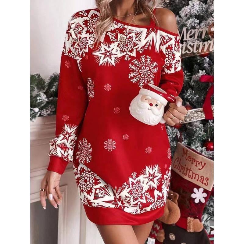 QICED Damen Weihnachten Schneeflocken-Print Langarm Schräge überschnittene Schulter Herbst Winter Kleider S rot von Joom DACH