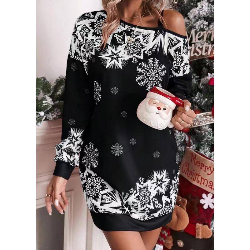 QICED Damen Weihnachten Schneeflocken-Print Langarm Schräge überschnittene Schulter Herbst Winter Kleider XL schwarz von Joom DACH