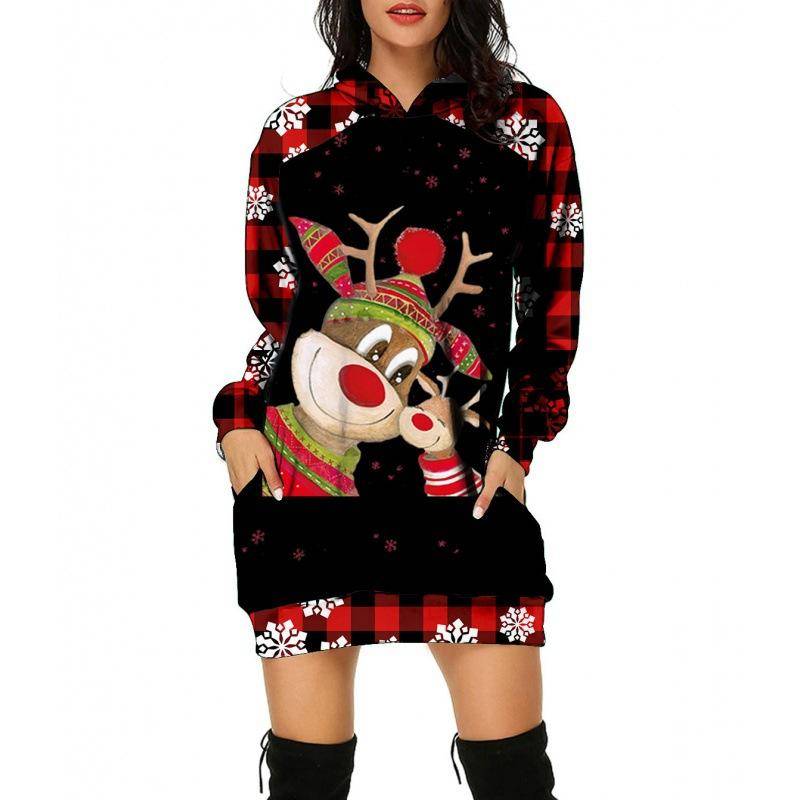 QICED Damen Weihnachtsstrick Elch-Print Midilanger Hoodie Herbst Lose Kleider XL von Joom DACH