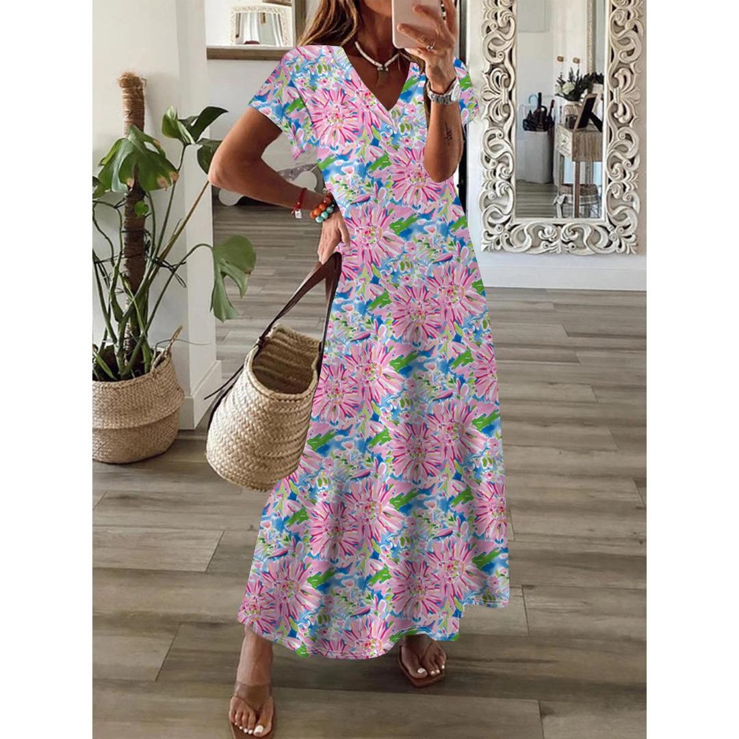 QICED Frühling/Sommer V-Ausschnitt Kurzarm Damen Boho Print Swing Kleid L von Joom DACH