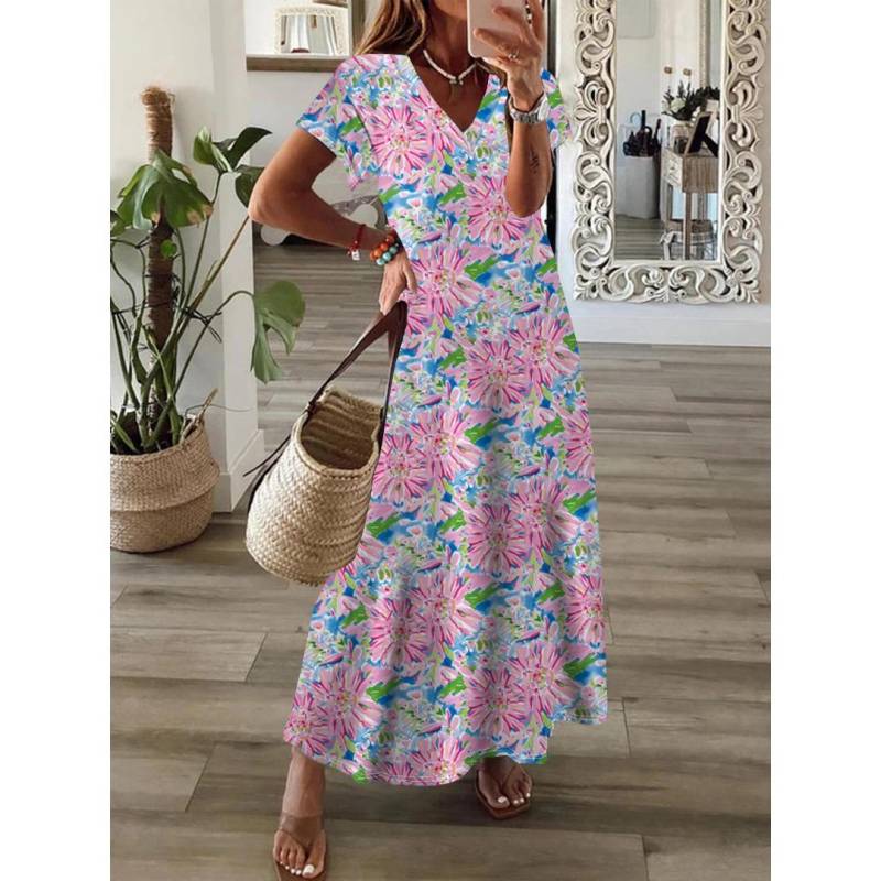 QICED Frühling/Sommer V-Ausschnitt Kurzarm Damen Boho Print Swing Kleid L von Joom DACH