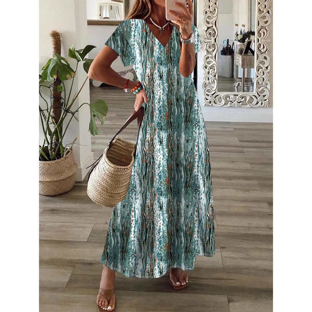 QICED Frühling/Sommer V-Ausschnitt Kurzarm Damen Boho Print Swing Kleid XXXXL von Joom DACH