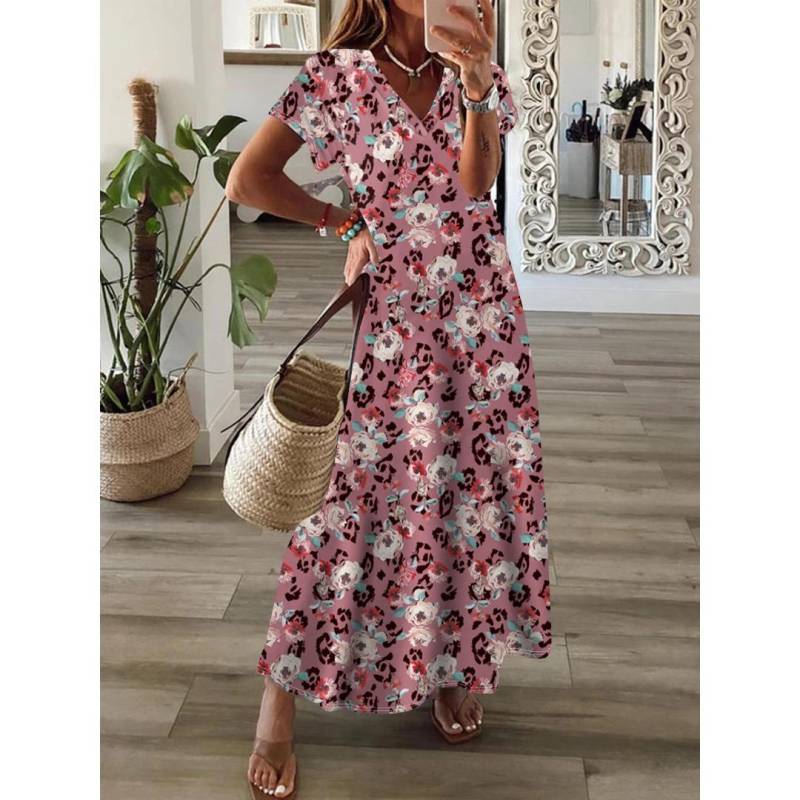 QICED Frühling/Sommer V-Ausschnitt Kurzarm Damen Boho Print Swing Kleid XXXXXL fuchsie von Joom DACH
