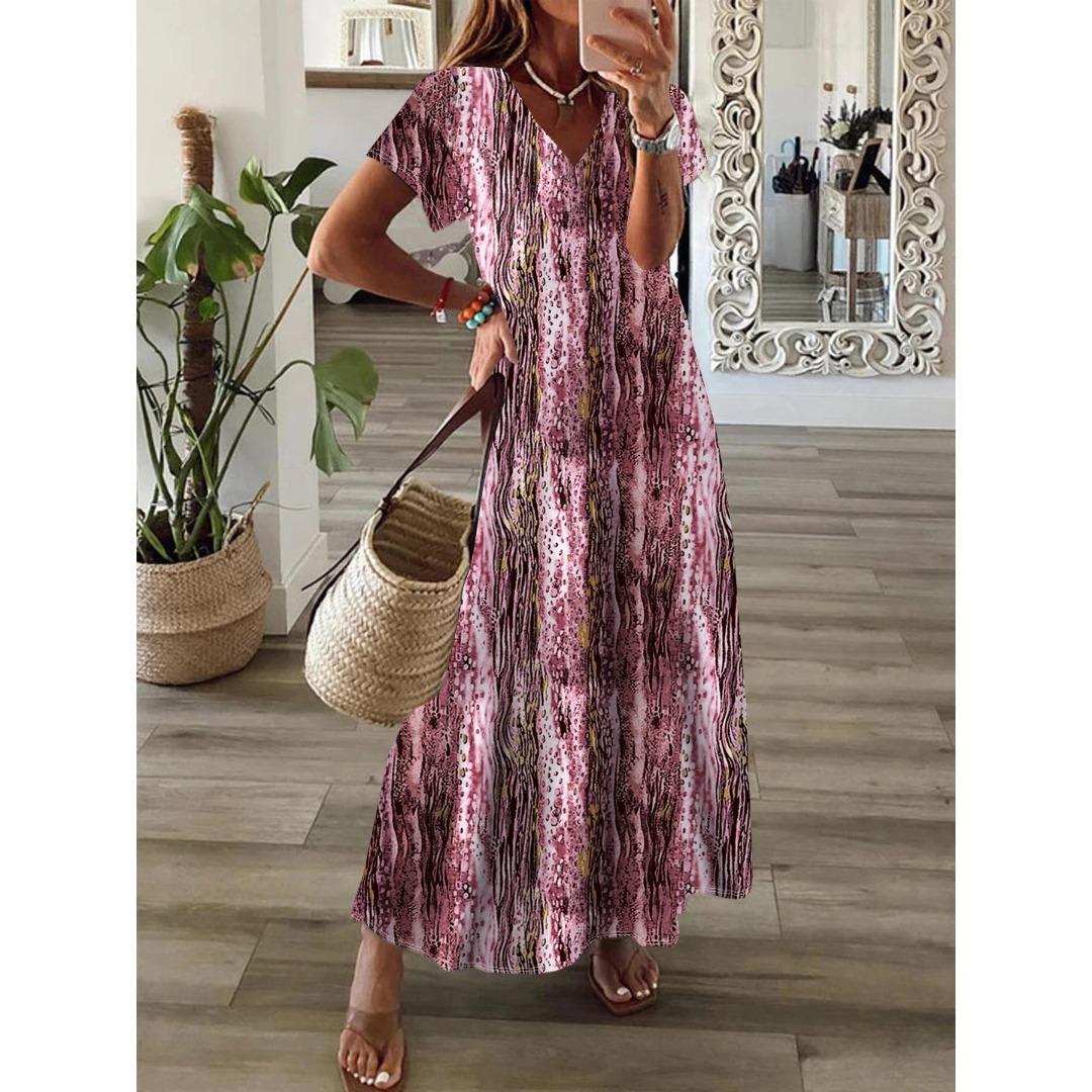 QICED Frühling/Sommer V-Ausschnitt Kurzarm Damen Boho Print Swing Kleid XXXXXL bordeaux von Joom DACH