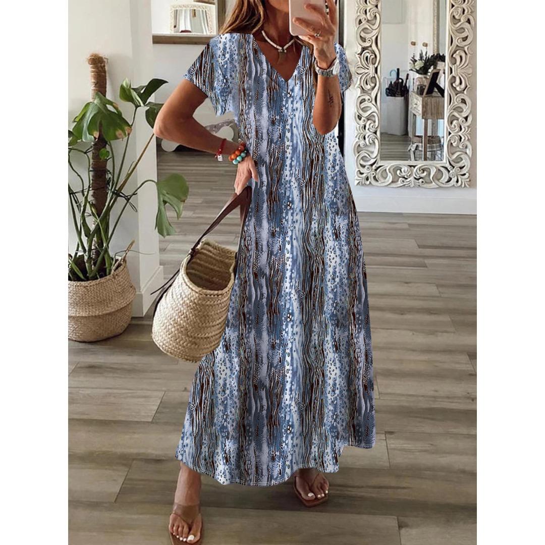 QICED Frühling/Sommer V-Ausschnitt Kurzarm Damen Boho Print Swing Kleid XXXXXL graue von Joom DACH