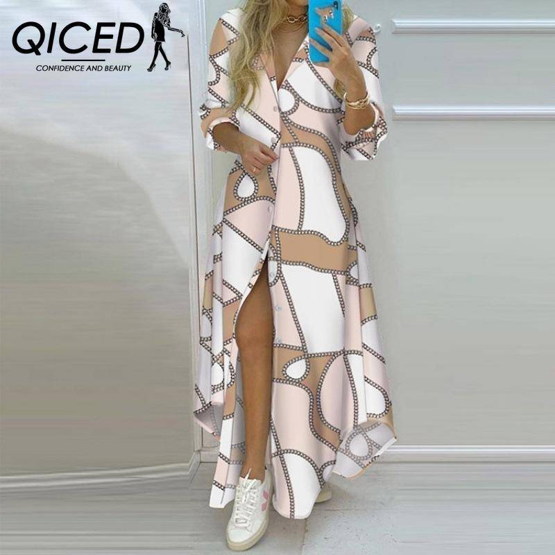 QICED Frühling Damen Temperament bedrucktes einreihiges geteiltes Hemdkleid langer Rock M von Joom DACH