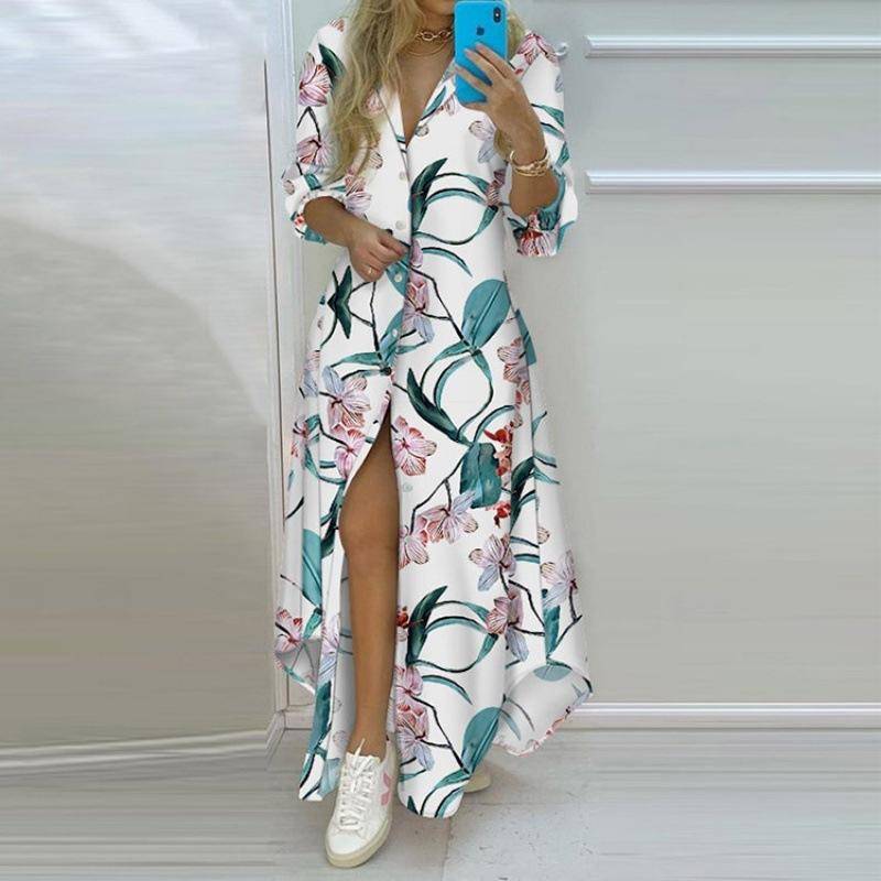 QICED Frühling Damen Temperament bedrucktes einreihiges geteiltes Hemdkleid langer Rock M von Joom DACH