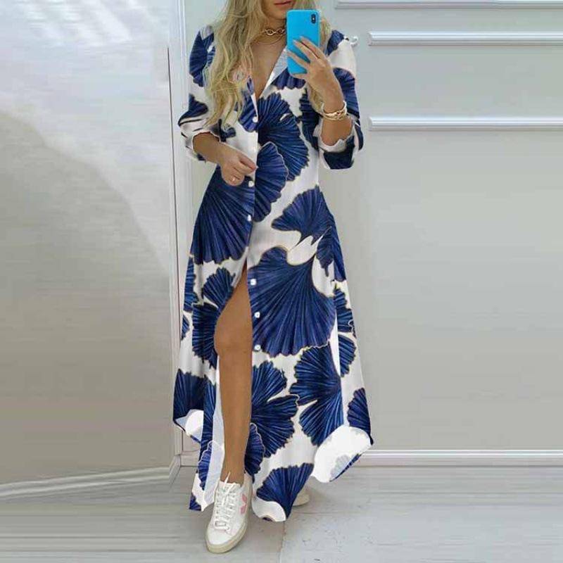 QICED Frühling Damen Temperament bedrucktes einreihiges geteiltes Hemdkleid langer Rock XL von Joom DACH