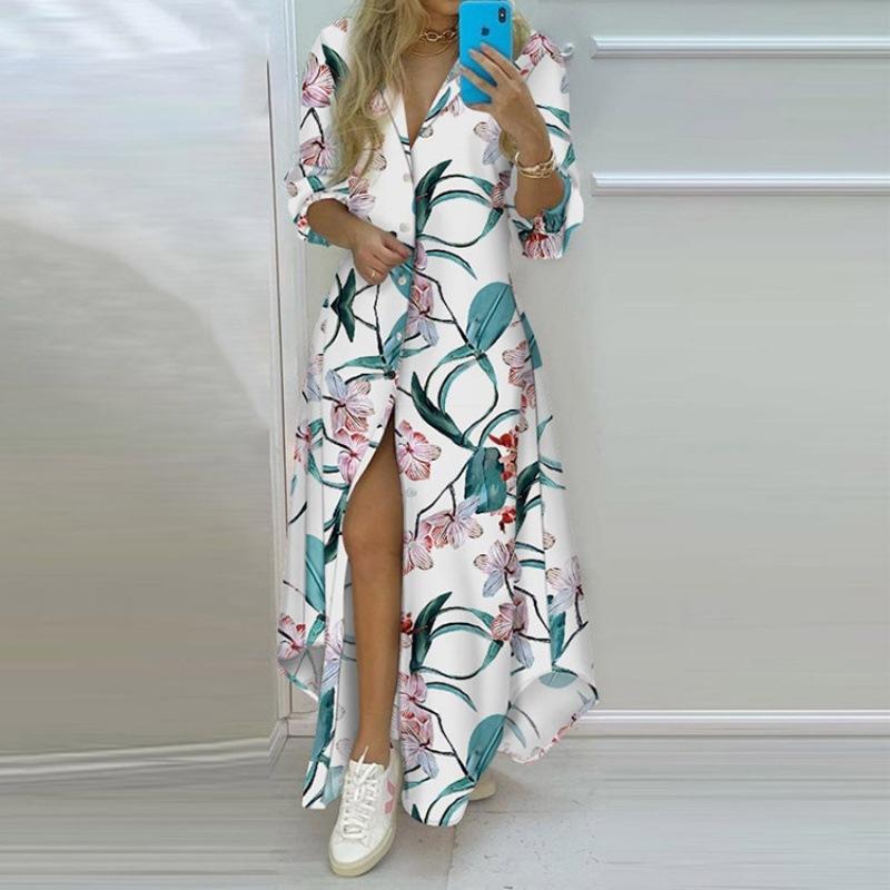 QICED Frühling Damen Temperament bedrucktes einreihiges geteiltes Hemdkleid langer Rock XXL von Joom DACH