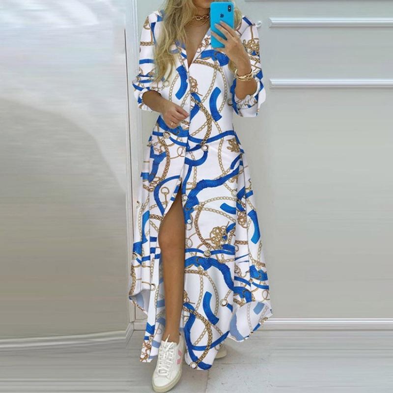 QICED Frühling Damen Temperament bedrucktes einreihiges geteiltes Hemdkleid langer Rock XXL QICED Frühling Damen Temperament bedrucktes einreihiges geteiltes Hemdkleid langer Rock XXL von Joom DACH