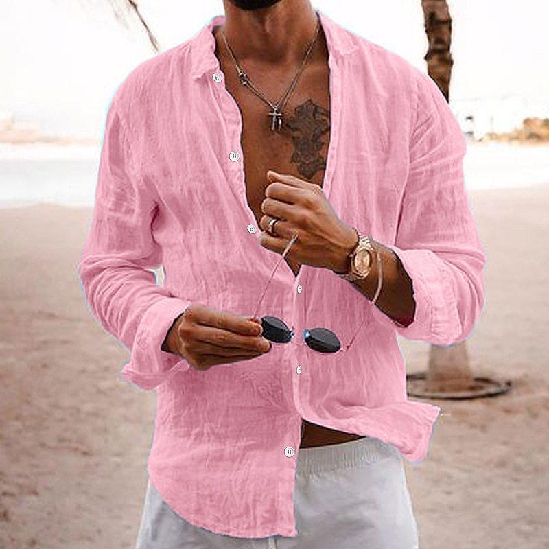 QICED Hemd Herren Einfarbig Locker Einreihig Revers Baumwolle Leinen Langarm Bluse Hemd XXXXXL rosa von Joom DACH