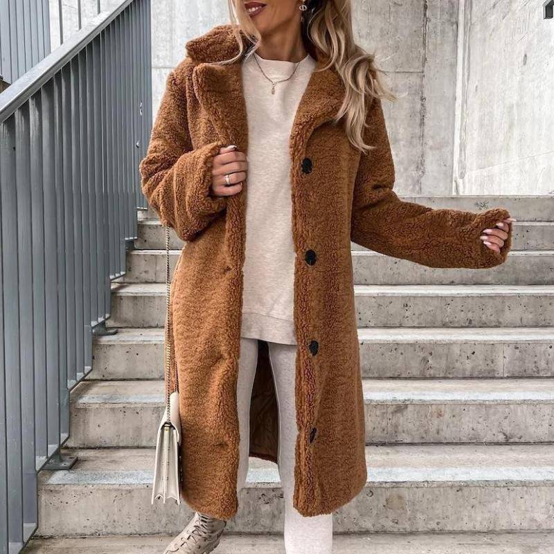 QICED Herbst und Winter Damen Langarm POLO-Kragen Plüsch-Top Lange Jacke L braun von Joom DACH