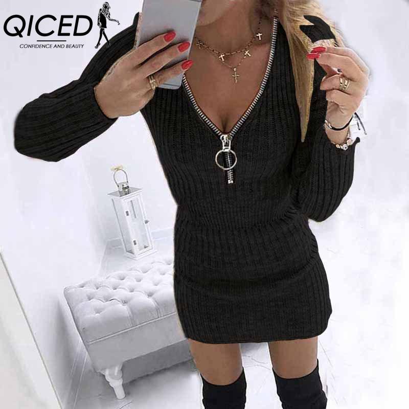 QICED S-5XL Herbst Winter Damen Wickelröcke Reißverschluss Taille Langarm Strickkleid Hüften XXXL schwarz von Joom DACH